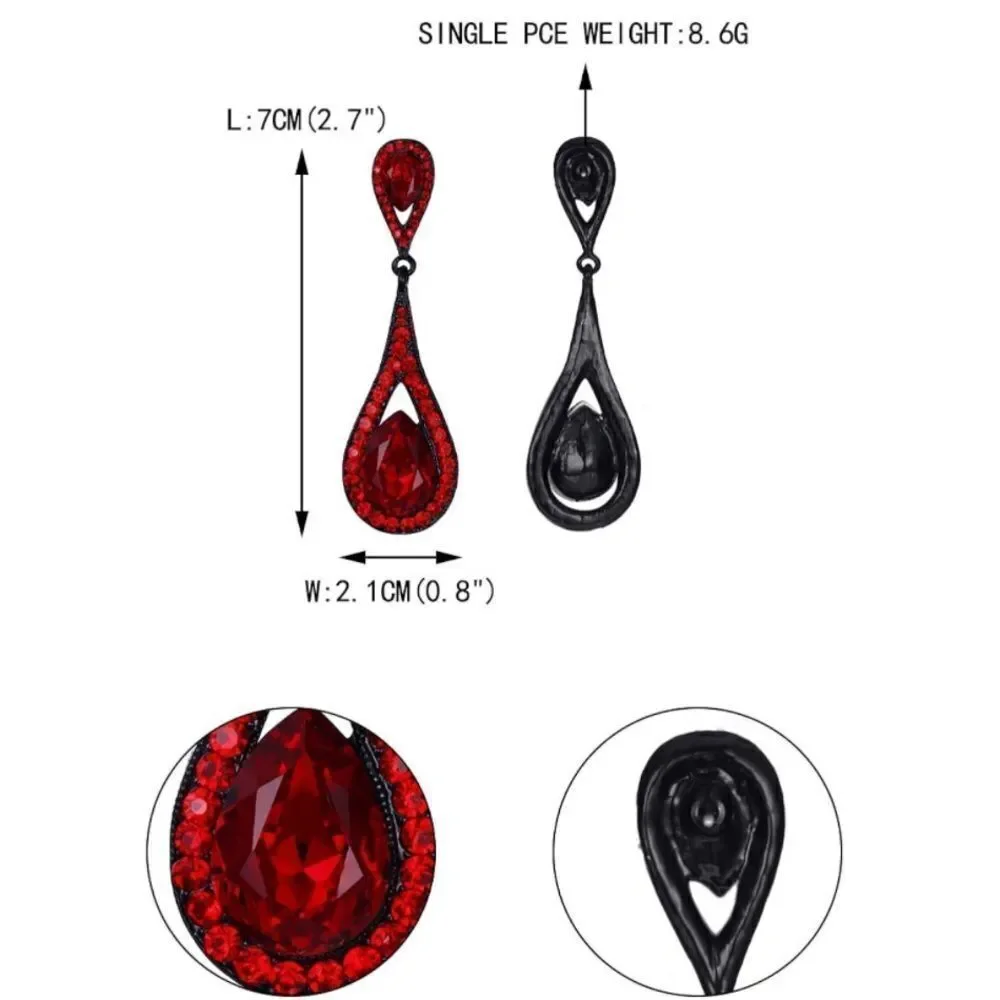 Carbon Black with Ruby Red Austrian Crystal Dual Dangling Teardrop Earrings